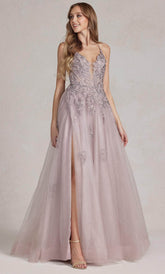 Embroidered Plunging V-Neck Prom Gown